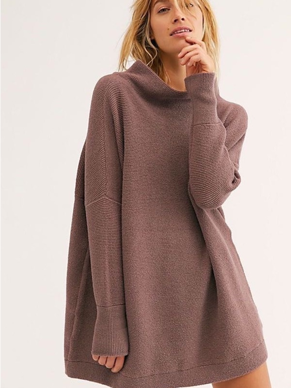 Free People Ottoman Slouchy Tunic Sweater Dusty Mauve Ribbed Cowl Neck Oversized